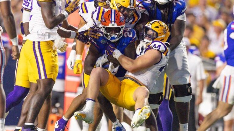 An LSU player tackles a Florida ball carrier during a game as teammates close in on the play.
