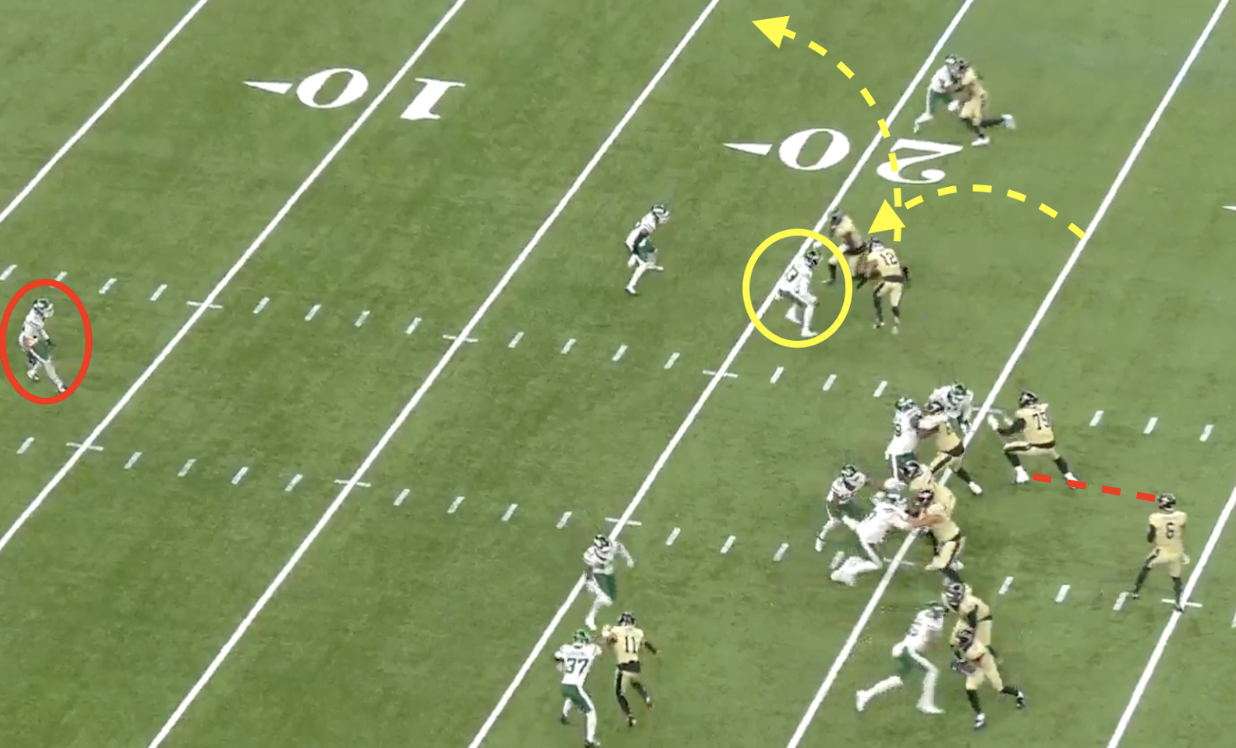 A football play diagram features a Saints quarterback preparing to throw right, with Chris Olave and another receiver circled in red.