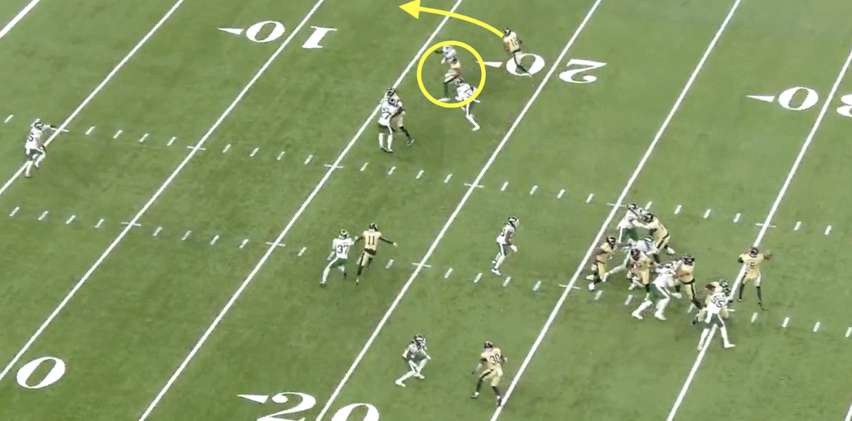 A Saints football play diagram with Chris Olave circled as the receiver and an arrow indicating the route toward the end zone.