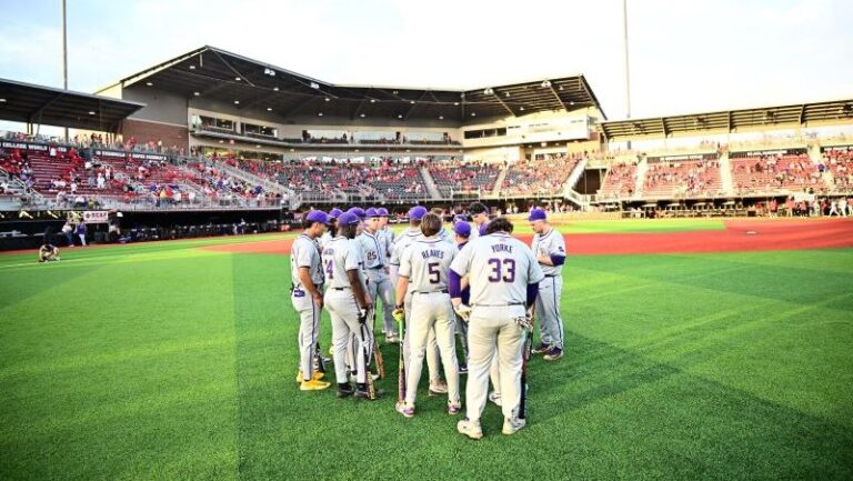 A baseball team in gray uniforms huddles on the field as the struggling Tigers regroup, with fans and the stadium in the background.