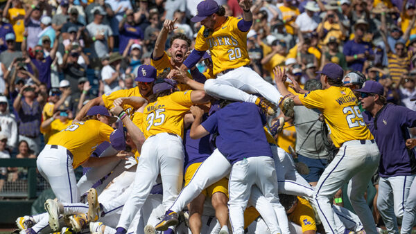 Baseball players in yellow and purple uniforms celebrate on the field as cheering fans watch from the stands.