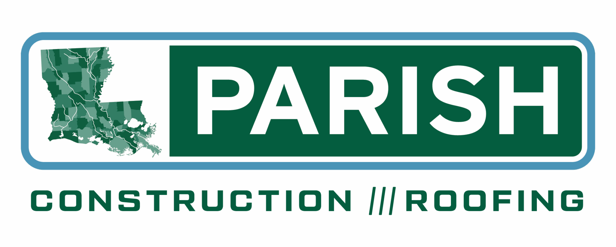 Logo featuring a green Louisiana map outline, bold “PARISH” text, and “CONSTRUCTION /// ROOFING” by Matt Moscona in all caps underneath.
