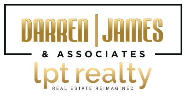 Gold "Darren James & Associates" logo above "lpt realty," with "Real Estate Reimagined" in smaller letters below.