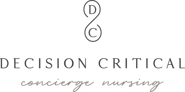 Stylized "DC" forming an infinity symbol above "Decision Critical concierge nursing," each in a different font.