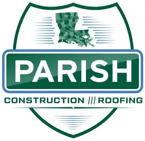 A green and white shield logo with an outline of Louisiana and bold text reading "Parish Built Construction /// Roofing.