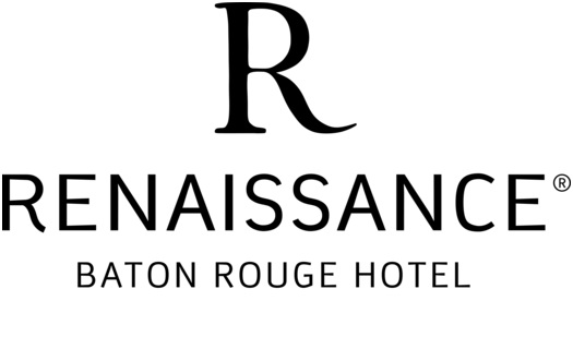 Logo for Renaissance Baton Rouge Hotel displays a large "R" above the hotel name in bold black letters on a white background.