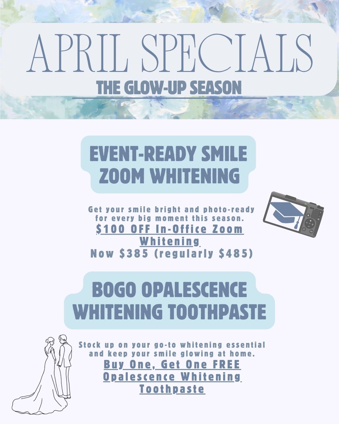 Hood Dental Care flyer with April Whitening Specials: Zoom whitening, BOGO Opalescence, and wedding-themed artwork.