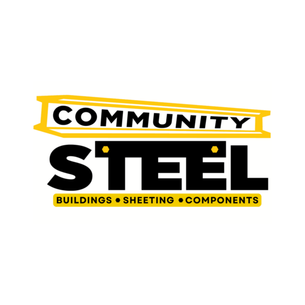 Community Steel logo with "Community" in a yellow bar, "Steel" bold in black, and a yellow strip listing services and products.