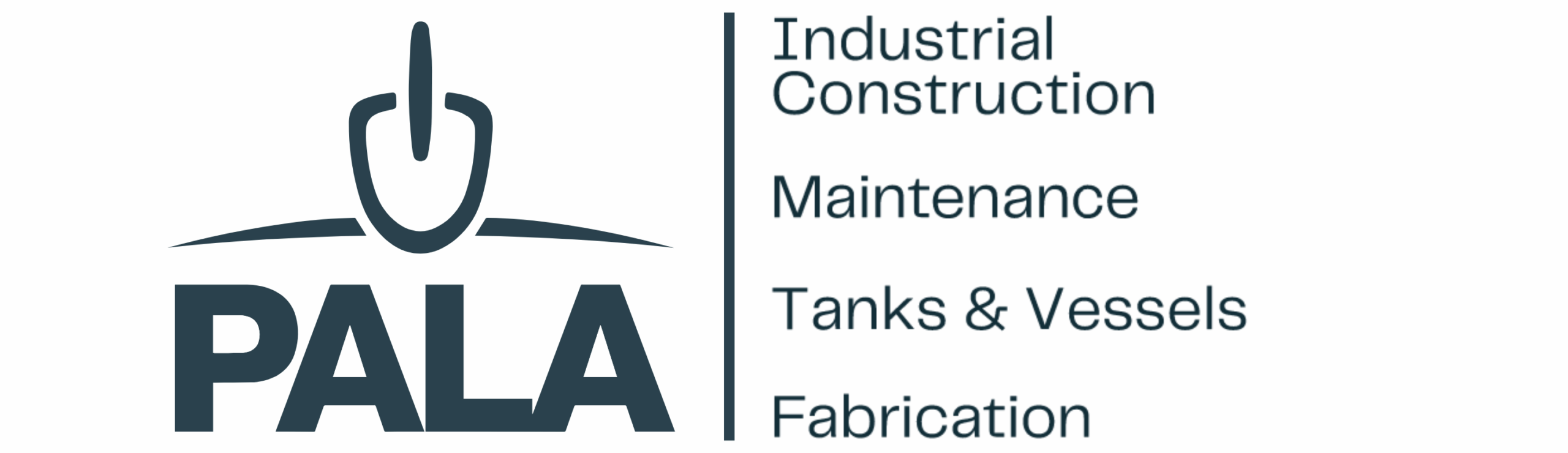 PALA logo featuring an abstract symbol and text displaying services: Industrial Construction, Maintenance, Tanks & Vessels, Fabrication.
