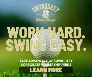 A close-up of a golf ball on grass, featuring the phrase "WORK HARD. SWING EASY." and details about SwingEasy Golf Club perks.
