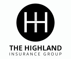 A black circle features two vertical and one horizontal white line, positioned above the text "Highland Insurance Group" in black.