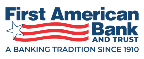 First American Bank and Trust logo with a star, red stripes, and the phrase "A Banking Tradition Since 1910," part of Highland Insurance Group.