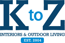 K to Z Interiors & Outdoor Living logo featuring “EST. 2004” in a blue box, inspired by Russell Pool Company’s pool expertise.