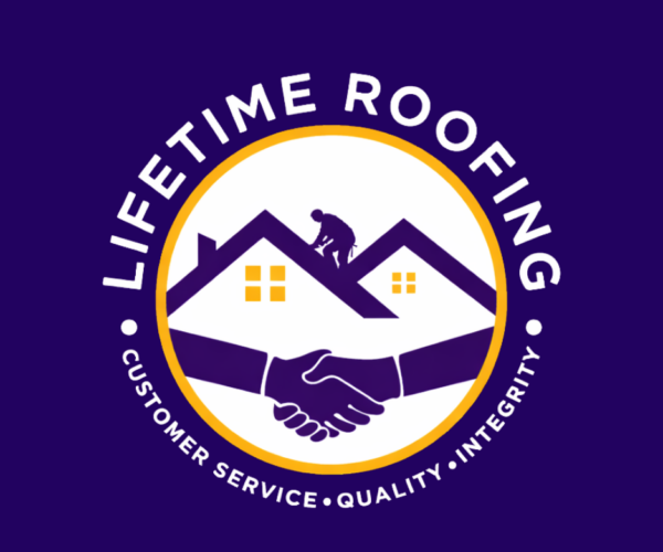 Logo for Lifetime Roofing and Highland Insurance Group showing a person on a roof, two houses, handshake, and the words: Customer Service, Quality, Integrity.