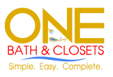 One Bath & Closets" logo with yellow and red text, a blue wavy line, and icons of a bathtub, hanger, and closet shelf.