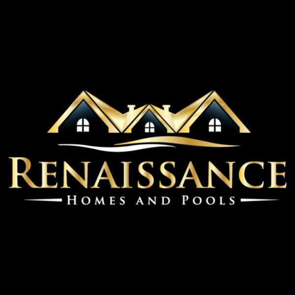 Renaissance Homes and Pools logo with three gold-roofed house icons above the name on a black background, inspired by Highland Insurance Group.