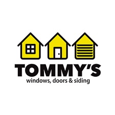 Three yellow house icons sit above "TOMMY'S Doors, Windows & Siding" in bold black lettering.