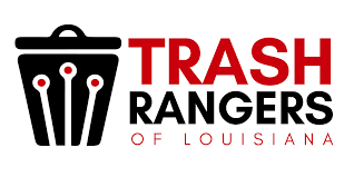 Trash Rangers of Louisiana logo featuring a bold red and black design with a stylized black trash can, inspired by pool service quality.