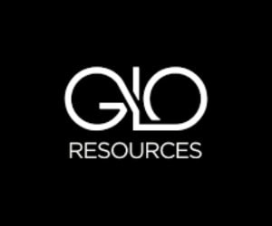 White text on black reads "GLO RESOURCES," with “GLO” in a rounded, stylized font above "RESOURCES" in all caps.