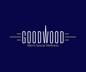 Goodwood Men's Sexual Wellness" logo featuring sleek text and lines on a dark blue background.