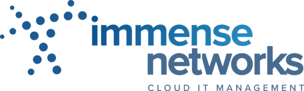 Immense Networks logo featuring a blue dotted abstract design and the words "immense networks, cloud IT management" on a light background.