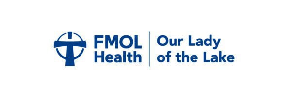 FMOL Health Our Lady of the Lake logo with a circular cross on the left and blue text displayed on a white background.