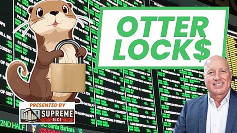 An otter holding a lock, with an NBA Finals odds board, "Otter Locks" text, and a smiling man in a suit.