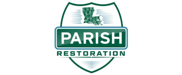 A green and white shield logo featuring a map outline, with "Parish" in a green box and "Restoration" in blue text below.