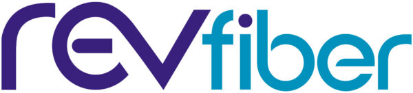 The logo features "rev" in bold purple and "fiber" in light blue, both in a sleek modern sans-serif typeface.