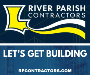 River Parish Contractors logo in yellow and white with "LET'S GET BUILDING" and "RPCONTRACTORS.COM" on a blue background.
