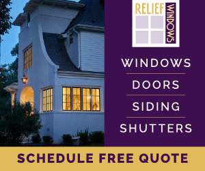 A white house with glowing windows at dusk sits next to a Relief Windows ad offering installation, doors, siding, and free quotes.