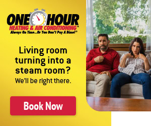 A man and woman sit uncomfortably on a couch. An ad for One Hour Heating & Air Conditioning features a prominent "Book Now" button.