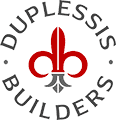 A red and gray fleur-de-lis logo features "Duplessis Builders" in a circle, symbolizing custom homes and quality construction.