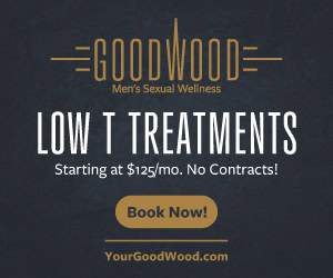 GoodWood Men's Sexual Wellness ad: Low testosterone treatments from $125/month, no contracts. Boost vitality—book now.