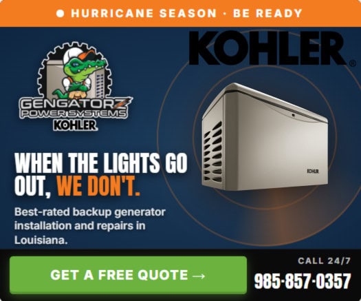 Kohler backup generator ad in Louisiana features a generator, company logo, contact details, and a hurricane season alert.