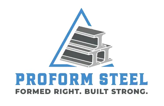 A logo featuring a blue triangle above three steel beams, with "Pro Form Steel. FORMED RIGHT. BUILT STRONG." written below.