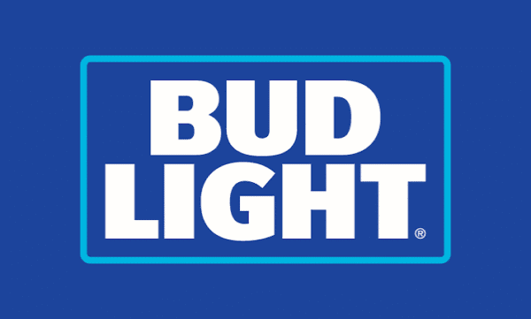The Bud Light logo features bold white letters on a blue background, framed by a lighter blue rectangle.