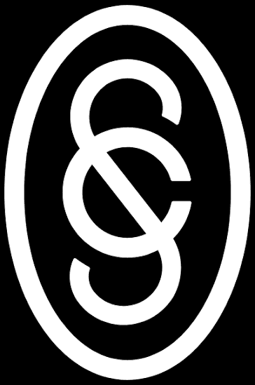 A simple, geometric white section sign centered in a white oval on a black background.