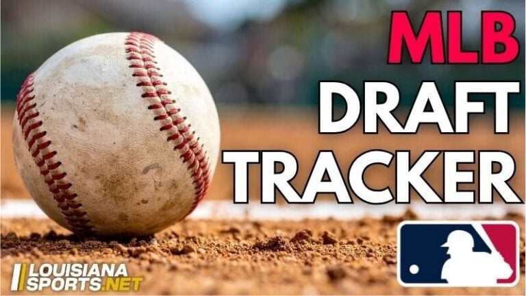 A baseball on a dirt field with "MLB Draft Tracker," the MLB logo, and "Louisiana Sports Net" featuring LSU prospects.
