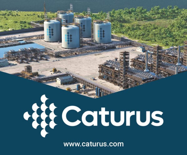 Aerial view of an industrial site with large tanks, green landscape behind, and “Caturus” branding at the bottom.