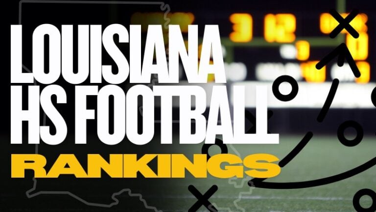 “Louisiana HS Football Rankings” appears in seasonal style over a blurred scoreboard and faint LSWA play diagram.