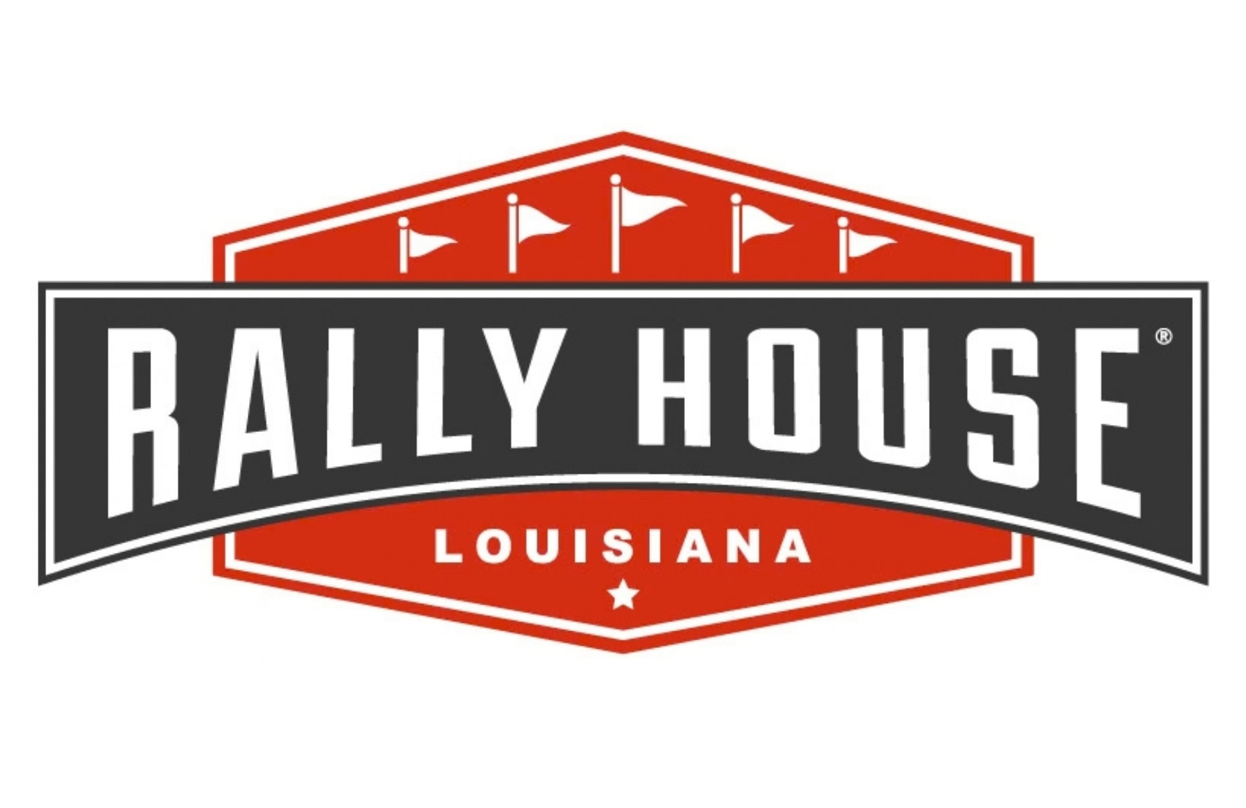 Rally House Louisiana logo featuring white text on a red and black shield with four small flags.